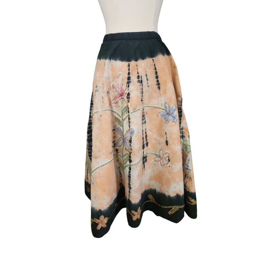 Forbidden Y2K Boho Skirt Womens S Tie-Dyed Flared Floral Whimsy Cottage Sequins